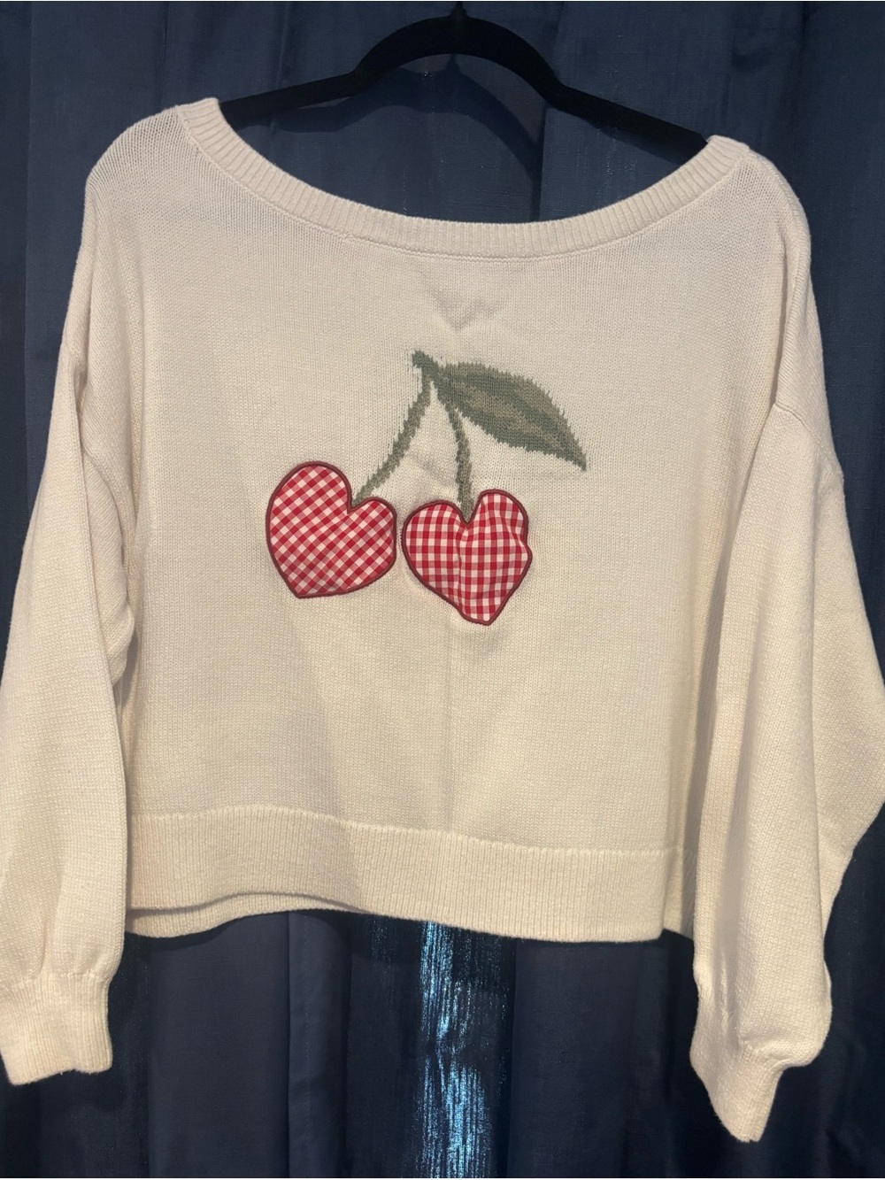 Hollister Cream Knit Pullover Sweater with Heart Cherries